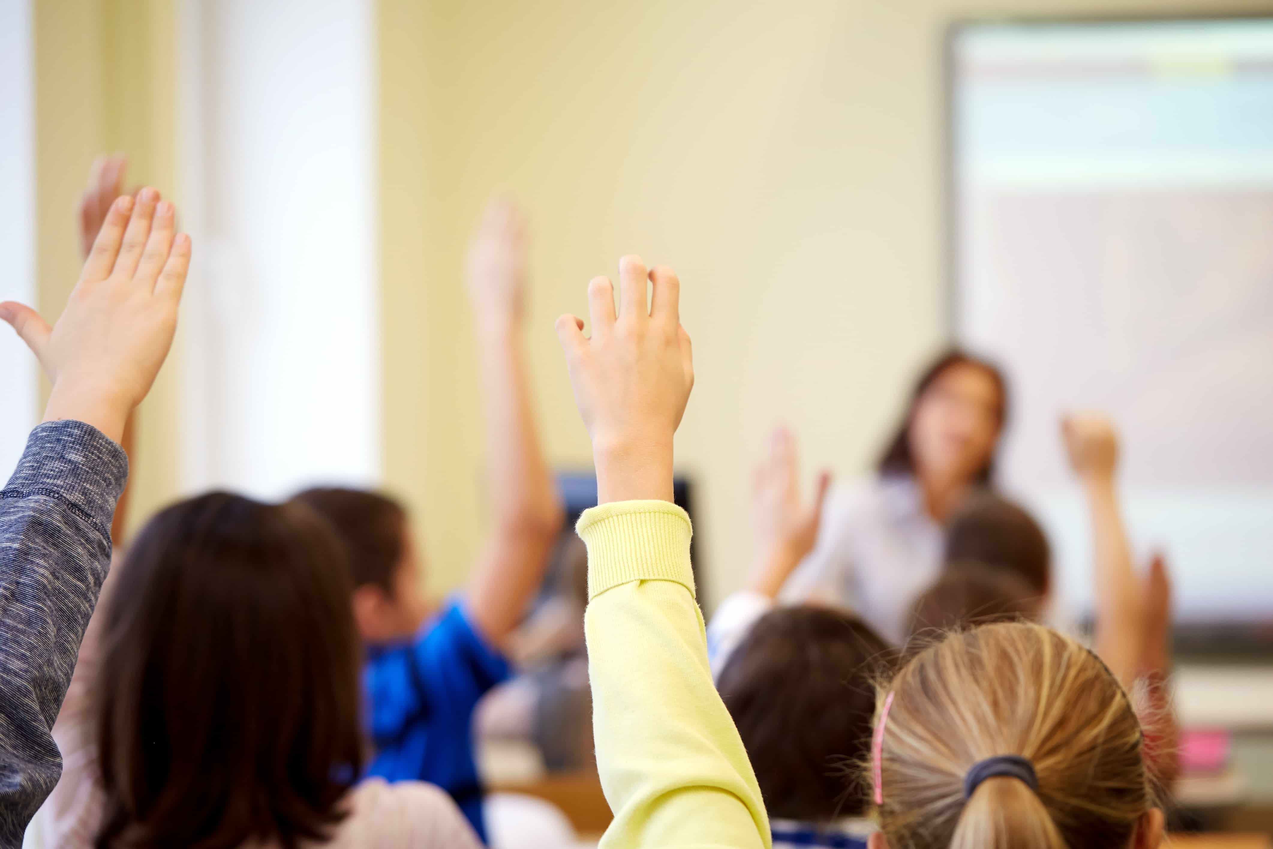 students raising hands in class